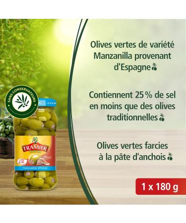 Tramier Olives Ap ro Stuffed with Anchovies -25% Salt (1 x 180 g) green olives from Spain and stuffed with anchovy paste ol - Buy Online on GoSupps.com