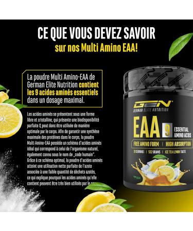  GEN GERMAN ELITE NUTRITION EAA powder 532g (38 servings) - The 9 essential amino acids incl. histidine & BCAA - Human Code formula - Vegan - Very good solubility - Refreshing amino acid drink (Ice Tea Lemon) - Buy Online on GoSupps.com
