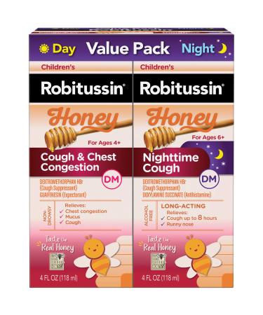 Children's Robitussin Honey Cough & Chest Congestion DM and Nighttime Cough DM, Variety Pack of Cough Medicine for Kids, Made with Honey Flavor - 4 Fl Oz Bottles (Pack of 2)