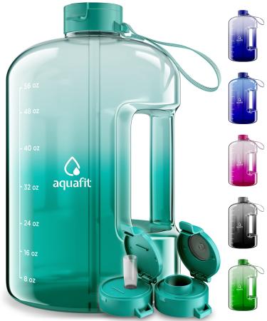 AQUAFIT Half Gallon Water Bottle With Times To Drink - 64 oz Water Bottle With Straw - Water Jug - Motivational Water Bottle - Large Water Bottle - Sports Water Bottle With Time Marker for Gym Teal Fade