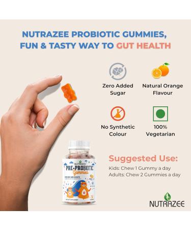 Nutrazee Probiotic Gummies with 2 Billion CFU Prebiotic Fiber Supplement for Kids Men & Women Clinically Validated Strain for Digestion Easy Bowel Movement & Immunity 30 Gummy Bears - Buy Online on GoSupps.com