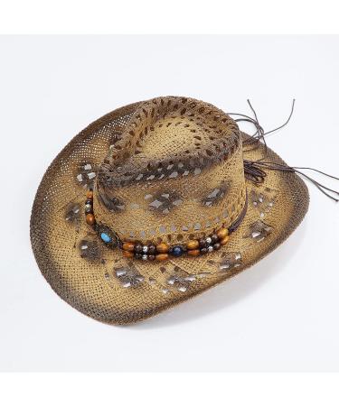 Jiaoji Men & Women's Woven Straw Cowboy Hat | Shapeable Brim Beach Cowgirl Tea Coffee/Beads - Buy Online on GoSupps.com