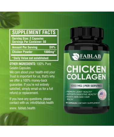 FabLab Chicken Collagen Type II Supplement - Nutritional Supplement for Joint, Nerve & Bone Support - Non-GMO, Anti-Aging Dietary Product with Hydrolyzed Peptides- 100 Capsules Chicken Collagen 100 capsules - Buy Online on GoSupps.com