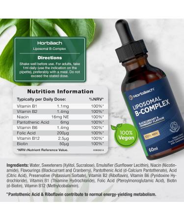 Liposomal B Complex Drops Bottle with 60ml Vitamin B Complex Drops with Vitamin B1 B12 B3 B5 B6 Folic Acid B12 & Biotin 100 NRV Vegan from Horbaach - Buy Online on GoSupps.com