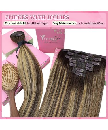 Youngsee Clip-In Real Hair Extensions - 35cm Ombre Dark Brown Balayage Caramel Blonde - 120g Remy Hair - 7 Pieces #4/27/4 - Buy Online on GoSupps.com