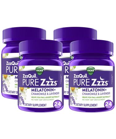 ZzzQuil Pure Zzzs Melatonin Sleep Aid Gummies with Lavender Valerian Root and Chamomile Natural Wildberry Vanilla Flavor Non-Habit Forming Drug-Free 24 Gummies (Pack of 4) 24 Count (Pack of 4)