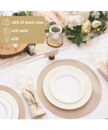 MATANA 150-piece Party Tableware Set in White and Gold for 25 Guests - 25 Plastic Plates 25 Dessert Plates 25 Spoons 25 Forks 25 Knives and 25 Party Cups - Buy Online on GoSupps.com