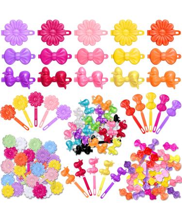 108 Pieces Self Hinge Hair Barrettes Plastic Bow Flower Bow Tie Hair Barrettes 80s 90s Hair Clip Pins Cartoon Design Hairpin Colorful Cute Hair Barrette for Girls Toddler (Cute Style)