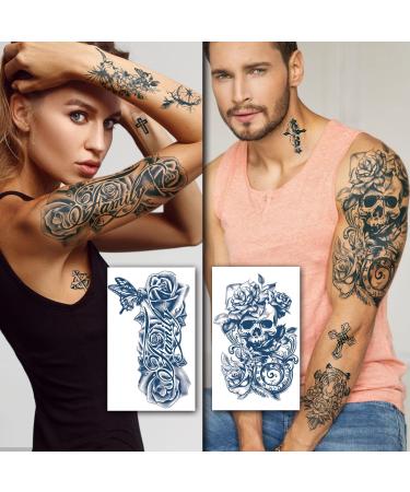 Semi-Permanent Tattoos for Women - 18 Sheets Large Flower Rose Sunflower Deer Wolf Dark Blue Fake Tattoos + 14 Sheets Small Tattoo for Men, Kids - Waterproof Temporary Stickers Lasting 1-2 Weeks - Buy Online on GoSupps.com