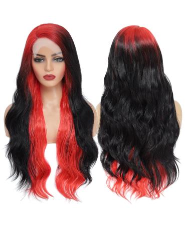 Ombre Red Root Highlight Side Part Wig | Skunk Stripe Long Wavy Synthetic Hair | Body Wave Lace Front Wig for Black Women (RS200D/1B) - Buy Online on GoSupps.com