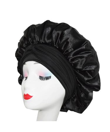 Queen Black Silk Bonnet - Satin Hair Bonnet for Sleeping - Stretchy Tie Band - Medium Size - Buy Online on GoSupps.com