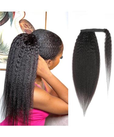 Kinky Straight Ponytail Human Hair with Wrap Around Magic Tape Brazilian Virgin Human Hair Ponytail for Black Women Yaki Hair Natural Black Color14 Inch 14 Inch Kinky Straight-Wrap Around -Natural Black
