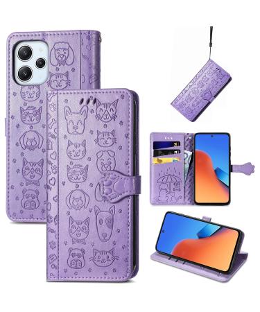 Monwutong protective cover for Xiaomi Redmi 12 sweet cartoon cat dog pattern PU leather with magnetic lock and credit card compartments holder for Redmi 12 CD violet