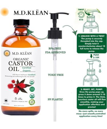 M.D. KLEAN ORGANIC CASTOR OIL 100% Cold Pressed (500ml) Amber Glass Bottle - Hexane Free | BPA Free Pump Inc | Unrefined Certified Organic | Skin Moisturizing and Conditioning Oil - Buy Online on GoSupps.com