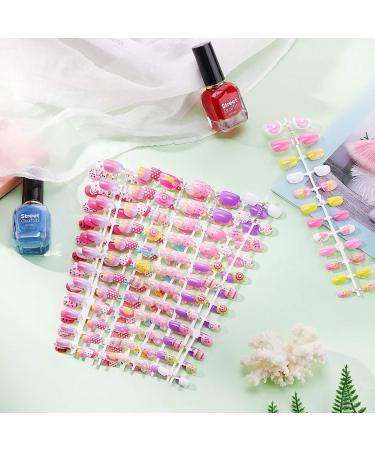 240 Pieces Kids Pre-glue Full Cover Fake Nails | Cartoon Press-on Gradient Short Nail Tips for Girls - Buy Online on GoSupps.com