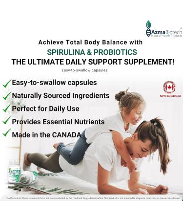 AzmaBiotech Organic Spirulina with Probiotics 1000mg Per Serving 60 Vegan Capsules 10 Billion CFU Supports Digestion Energy & Immune Health Nutrient-Rich Superfood for Women & Men 30-Day Supply Made in Canada Spirulina Probiotics - Buy Online on GoSupps.com