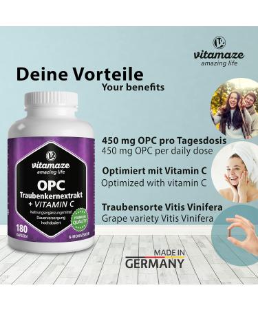 Grape Seed Extract Capsules 450mg OPC + 100mg Vitamin C Antioxidant - 6 Months Supply 180 Capsules | Made in Germany | No Additives | 180 Count - Buy Online on GoSupps.com