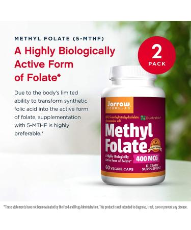 Jarrow Formulas Methyl Folate 400 mcg - 60 Veggie Caps (Pack of 2) - Highly Active Folate - 4th Generation Folic Acid - 120 Servings - Buy Online on GoSupps.com