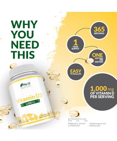 Vitamin D3 1000IU Softgels - 1 Year Supply - High Absorption Cholecalciferol Capsules by Nu U Nutrition - Buy Online on GoSupps.com
