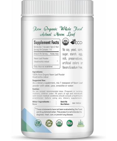 Organic Aura Neem Leaf Powder (Azadirachta Indica). 100% Pure Neem Raw and Green. USDA Certified Organic Neem for Immune Support Skin and Hair. Naturall Source of Antioxidants and Detox. - Buy Online on GoSupps.com