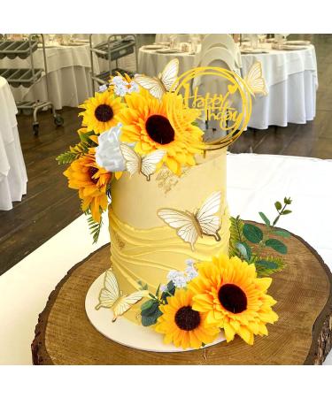 Sunflower Rose Flower Cake Decorations Butterfly Cake Topper with Artificial Eucalyptus and Happy Birthday Topper for Summer Sunflower Wedding Party Decorations Baby Shower Supplies (Sunflower) - Buy Online on GoSupps.com