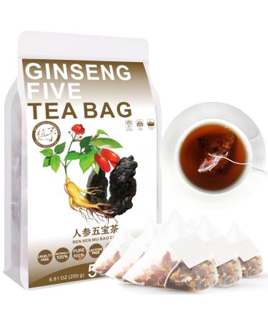 Ginseng Five Tea Bag 250g/8.81oz (5g*50bags) Goji Mulberry Polygonatum Maka Powder Ginseng Caffeine-Free Flavored Delicious Beverage Herbal Tea Combination of Floral Tea
