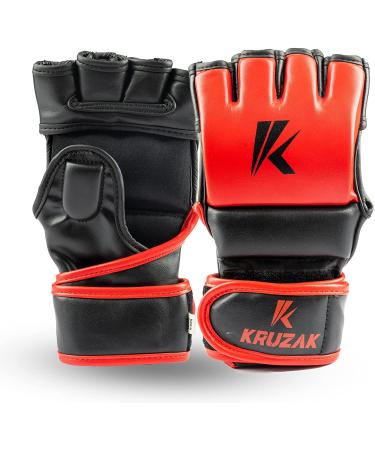 Kruzak MMA Gloves, Men and Womens Half-Finger Boxing Mitts, Hand Wraps with Open Palms for Grappling, Kickboxing, Sanda, Sparring, Muay Thai Red Small-Medium