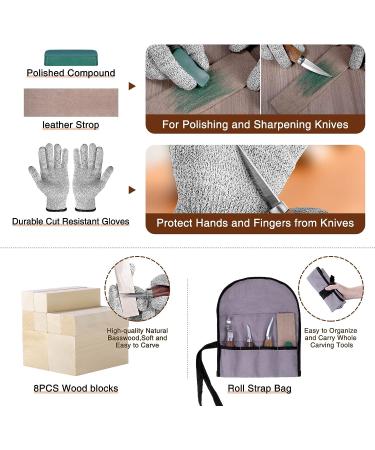 Wood Whittling Kit for Beginners and Adults - 8PCS Basswood Carving Blocks, Tools, Gloves, Roll Bag, Sharpener - Ideal Widdling Gift Set - Buy Online on GoSupps.com