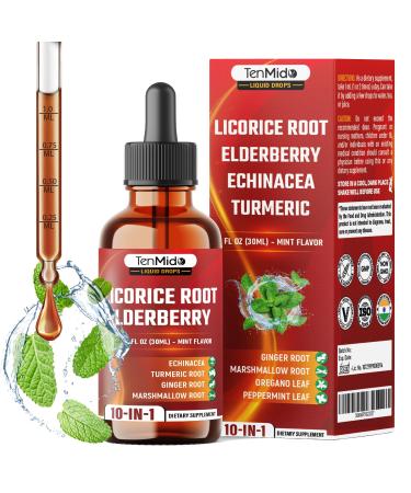 Tenmido 10in1 Licorice Root Extract Liquid Drops with Elderberry Echinacea Turmeric Ginger Marshmallow Root Oregano Peppermint Slippery Elm and Aloe Vera - 30ml 1 Fl Oz
