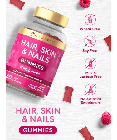 Carlyle Hair Skin and Nails Gummies | 5000mcg Biotin + Essential Vitamins | 60 Raspberry Vegan Gummies - Buy Online on GoSupps.com