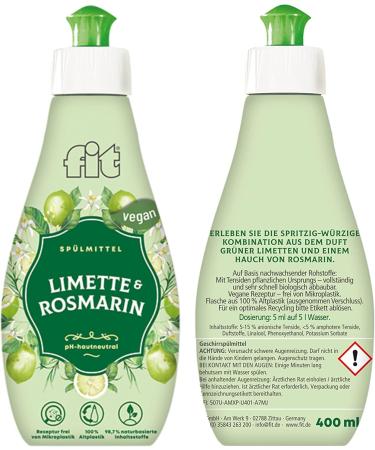 Fit Detergent Spice Edition 400ml - Vegan & Biodegradable Dishwashing Liquid with Lime & Rosemary - Eco-Friendly Cleaning - Buy Online on GoSupps.com