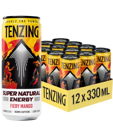 TENZING TENZING Super Natural Energy Drinks Fiery Mango Caffeine 160mg Vitamin D Magnesium Mushrooms Plant-Based Vegan & Gluten Free 12 Count (330ml)