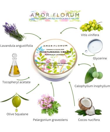 Amor Florum - Facial Moisturising Cream - 99% Natural - Tamanu Olive Squalane Geranium Lavender. Protects Hydrates Soothes Repairs. pH 5.5 Sensitive Skin 100g. - Buy Online on GoSupps.com