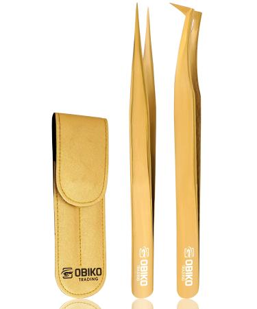Obiko Eyelash Extension Tweezers Set - 2-Piece Golden Straight and Curved Tweezer Set for Women  Ideal for Precise Application and Correction