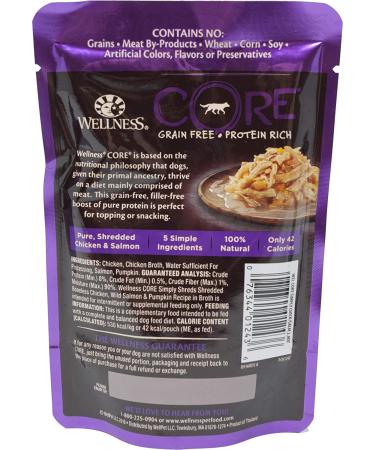 Wellness Core Simply Shreds Grain Free Dog Topper 8 Pouch Variety Pack | Chicken, Salmon, Pumpkin, Liver, Broccoli, Beef, Carrots, Tuna | 2.8 oz Pouches | Toy Bundle Included - Buy Online on GoSupps.com