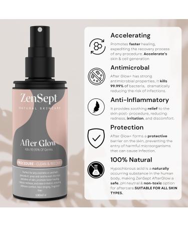 ZenSept After Glow Procedure Aftercare Spray Natural Vegan Friendly Hypochlorous Acid Spray for Post Procedure Skin Care Fast Acting PH Neutral Cleanser for Cosmetic or Aesthetic Procedures - x2 100 ml (Pack of 2) - Buy Online on GoSupps.com