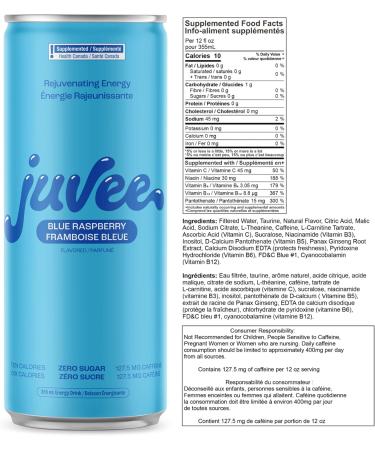 Juvee Rejuvenating Sugar Free Energy Drink Blue Raspberry + Kiwi Strawberry Taurine Vitamin B12 Vitamin B6. 128 Mg Of Caffeine. L-Theanine For Mood Support. Panax Ginseng For Focus. Vitamin C For Immune Support. Gluten Free 12 Fl Oz (Pack of 12) Variety P - Buy Online on GoSupps.com