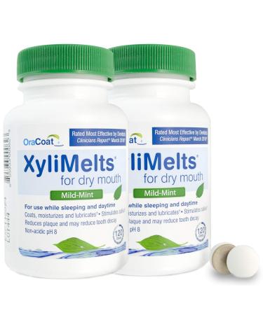 OraCoat XyliMelts for Dry Mouth Care 120 count bottles All Natural Gluten Free No Preservatives Helps Neutralize Acids Mild Mint 2 bottles (240 discs total)