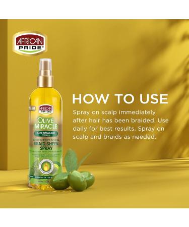 African Pride Olive Miracle Braid Sheen Spray (3 Pack) with tea tree oil and olive oil to protect and moisturize scalp and hair.12oz. 12 Fl Oz (Pack of 3) - Buy Online on GoSupps.com