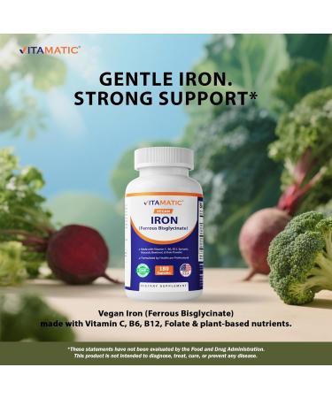 Vitamatic Vegan Iron with Vitamin C B6 B12 & Folic Acid | Plus Spinach Broccoli Beetroot & Kale | 180 Capsules | Non-GMO Gluten-Free Sugar-Free | Made in USA - Buy Online on GoSupps.com