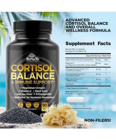 Cortisol Balance and Immune Support Supplement with Ashwagandha Irish Sea Moss Black Seed Vitamin D and Magnesium Complex | Mood Enhancer | Immunity Booster | Stress Relief Pills | 90 Capsules - Buy Online on GoSupps.com