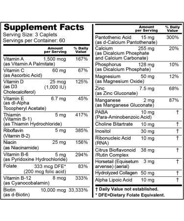 Hair Skin and Nails Complex 10000 mcg Biotin 180 Caplets - Multivitamin for Strong Nails, Beautiful Hair, Healthy Aging - Buy Online on GoSupps.com