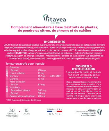 Vitavea Slimming Supplement Extra Strong Fat Burner: Guarana Chrome - Detox Draineur: Grape Marc / Lemon Artichoke - 30 Vegetable Capsules - Made in France - Buy Online on GoSupps.com