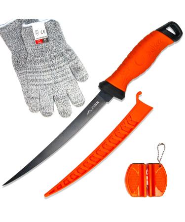 Finn Outdoors filleting knife set stainless steel fishing knife fish knife out leg knife with 2in1 knife sharpener sharp knife for fishing & filleting cut protection gloves (orange) - Buy Online on GoSupps.com
