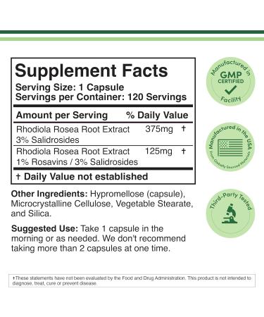 Rhodiola Rosea Supplement 500mg 120 Vegan Capsules (Third Party Test Gluten Free 3% Salidrosides 1% Rosavins Extract) for Performance Calming Motivation by Double Wood - Buy Online on GoSupps.com