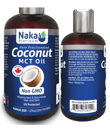 Naka Platinum Pure Fractionated Coconut MCT Oil Non GMO Moisturizes & Nourishes Hair and Skin UV Protected Made in Canada (200+70ml FREE) (Coconut MCT oil)