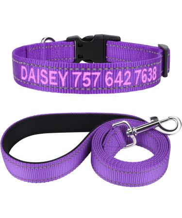 Tagme dog collar and leash personalized reflective dog collar with 1.5m double -sided reflective dog leash for large dogs purple l (1 Pack) purple set