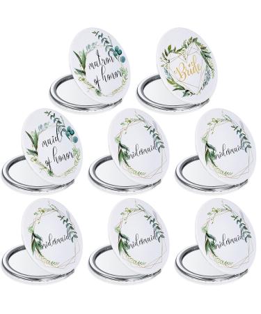 8 Pack Bridesmaid Gifts Compact Mirror Bridesmaid Proposal Gifts Bridal Shower Gift Wedding Gifts Bachelorette Party Gift Floral Round Pu Leather Makeup Mirrors for Women Maid of Honor Matron of Honor Green Leaves