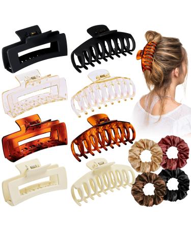 Japior 8 Pack 4.3 Inch Large Hair Claw Clips 4 Pack Stain Hair Scrunchies Big Hair Clips for Women Thin Thick Hair Neutral Colors Nonslip Square Claw Clip