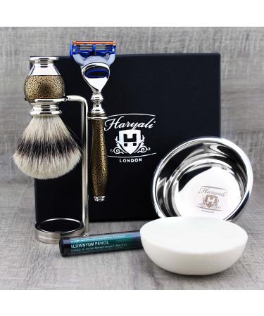 6 Pc Mens Shaving Kit 5 Edge Razor With Silver Tip Badger Hair Shaving Brush Stand Soap Bowl and Alum Perfect Set For Men
